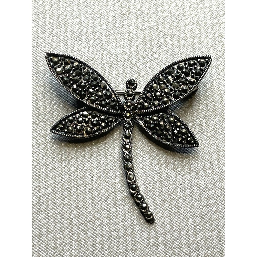 Vintage Dragonfly Brooch Pin 925 Marcasite Signed CFJ